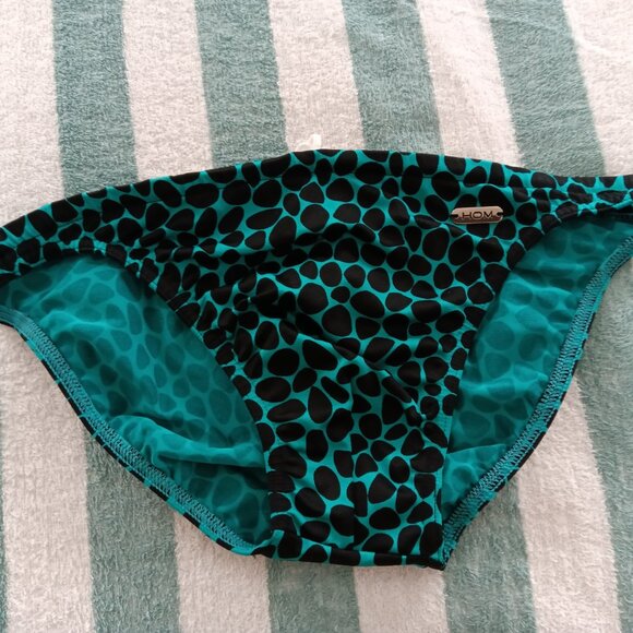 NWOT RARE VINTAGE HOM SWIM BRIEF 1" SIDES, TEAL / BLACK SPOTTED, SIZE 34" ("L") - Picture 1 of 8
